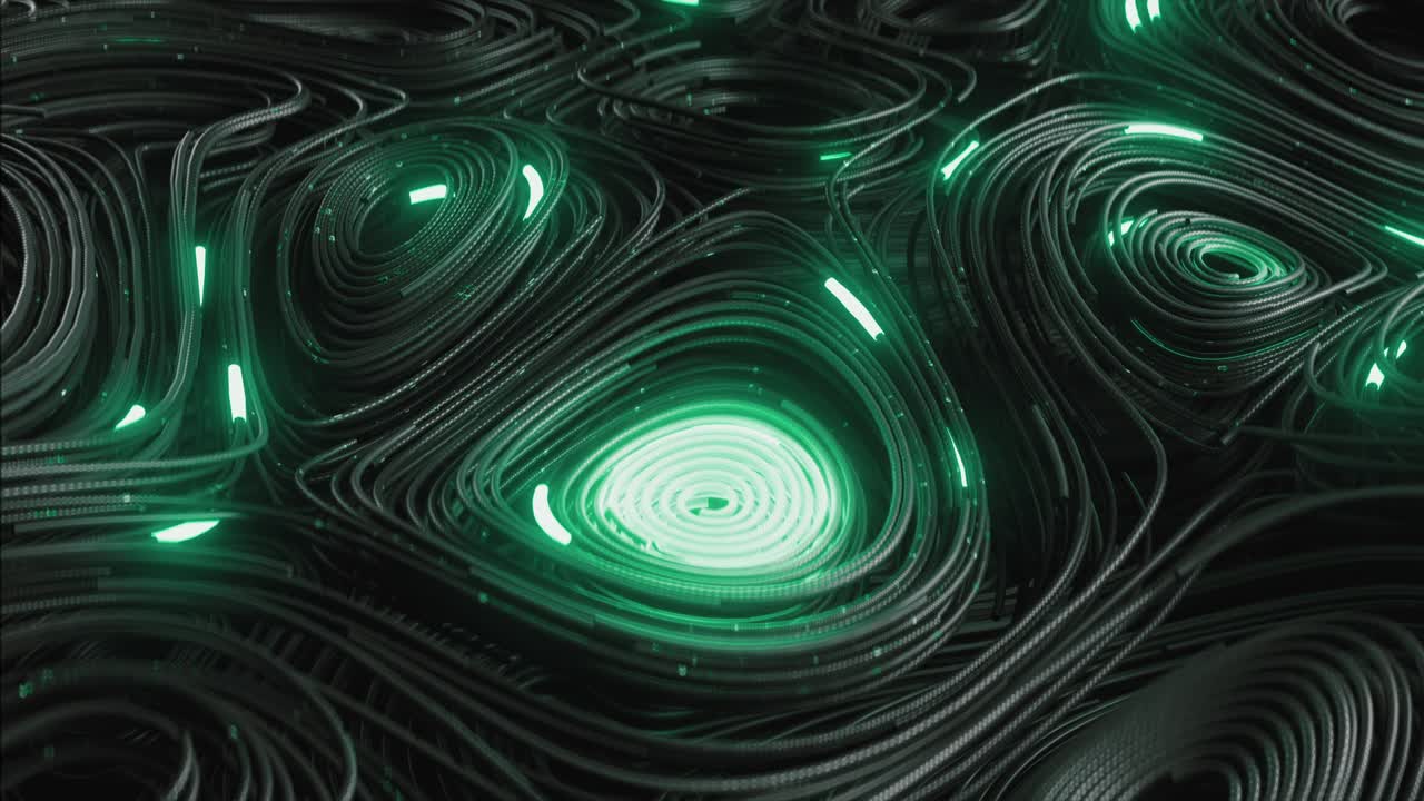 Black topographic circular lines with running matrix code and with green neon