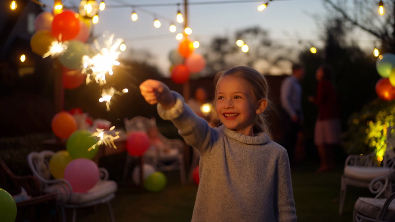 Happy Young Girl Holds a Sparkler at an Outdoor Evening Party