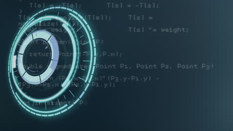 digital animation of neon round scanner against data processing on blue background