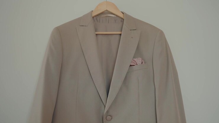Vista frontale di un'elegante giacca da completo beige su una gruccia di legno con dettaglio di fazzoletto da taschino piegato.