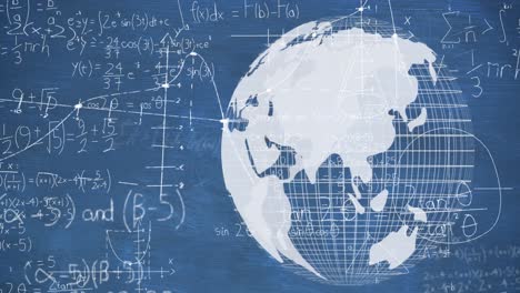 Animation-of-mathematical-equation-and-diagrams-and-rotating-globe-over-blue-background