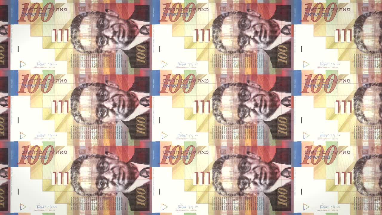 billetes de cien shekels israelíes rodando en la pantalla, dinero en efectivo, bucle