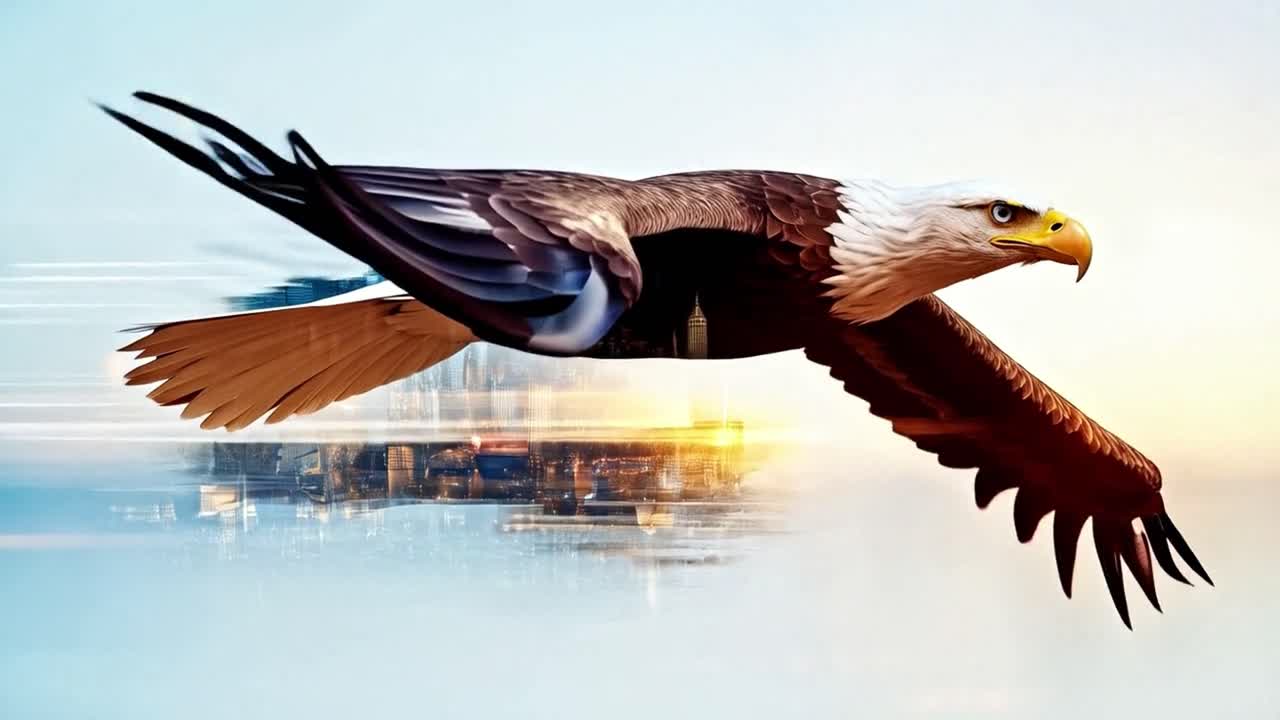 Bald Eagle Soaring Over City Skyline (Double Exposure)