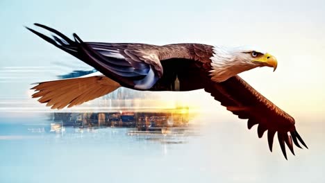 bald eagle soaring over city skyline (double exposure)