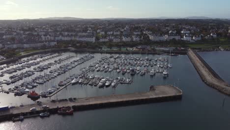 aerial view of bangor harbour and town on a sunny day, county down, northern ireland