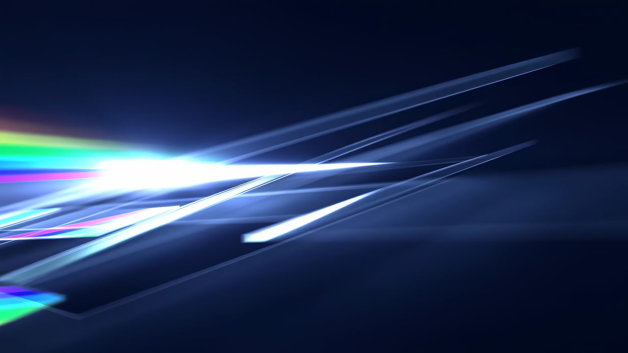 White Beams Refracting Into Rainbow Prism, Chromatic Streaks Slicing Through Dark Stage, Cinematic Flare