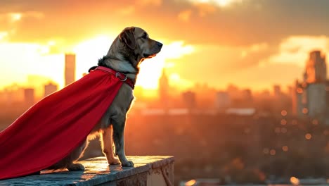 a dog wearing a red cape standing on top of a building