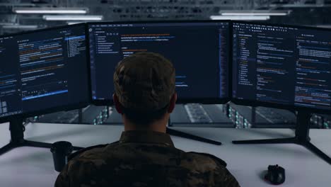 vista trasera del ejército asiático usando computadora para escribir código con múltiples pantallas en el centro de datos
