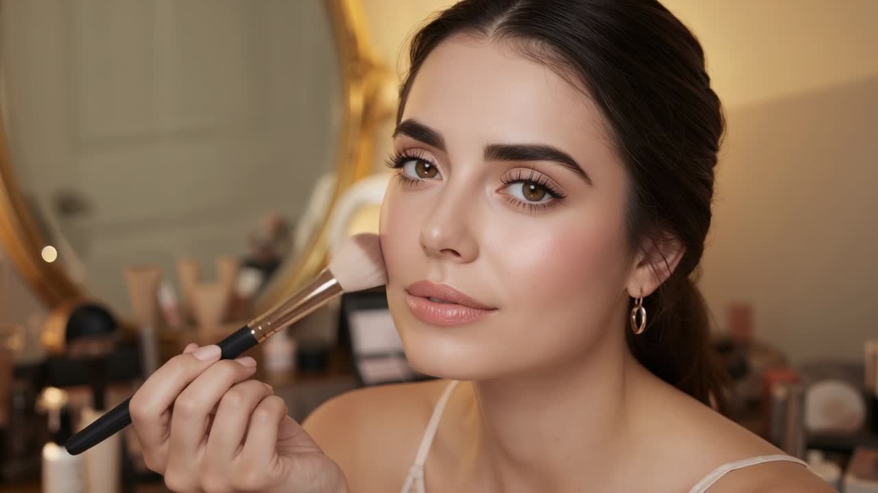 Brush touching cheek, woman wearing hoops applying blush at vanity with brush, showing placement