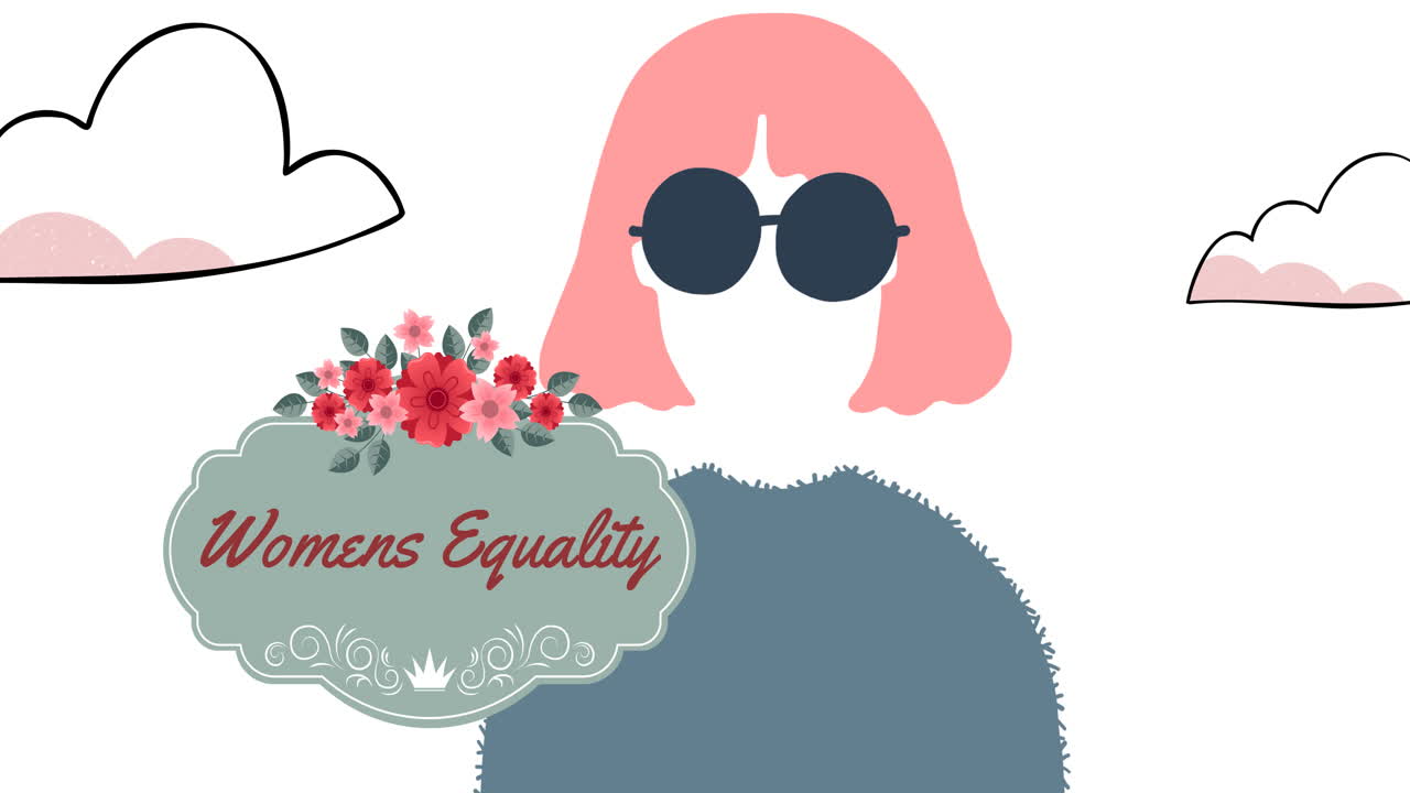 Animation of woman and clouds over womens equality text