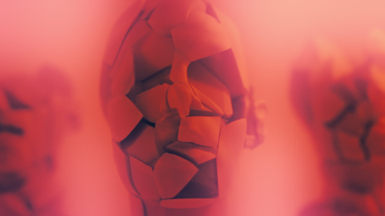 Destroyed android heads on spikes on the neon pink background