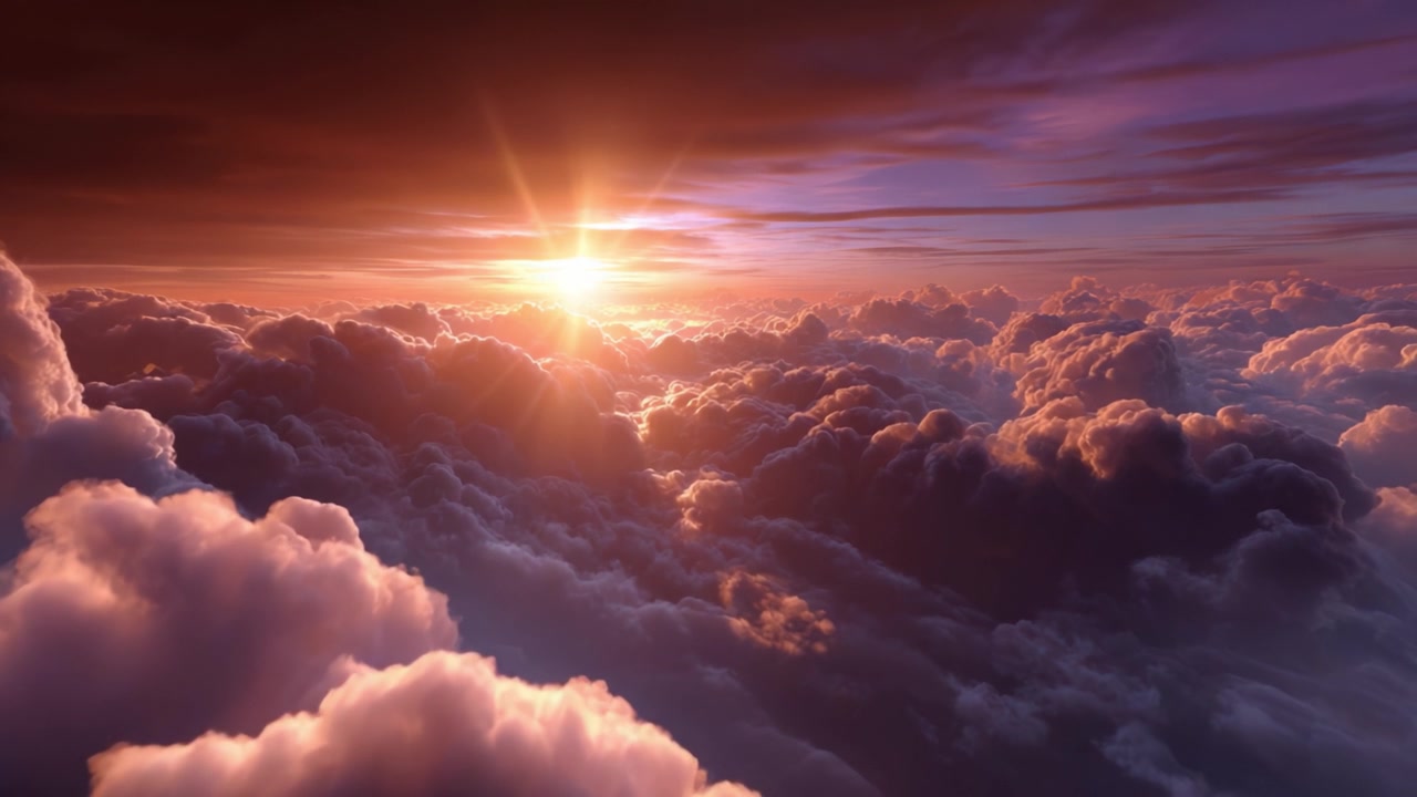 Un'alba spettacolare su un mare di nuvole ondeggianti, che illumina il cielo con tonalità calde, creando un'atmosfera serena e mozzafiato di bellezza naturale.