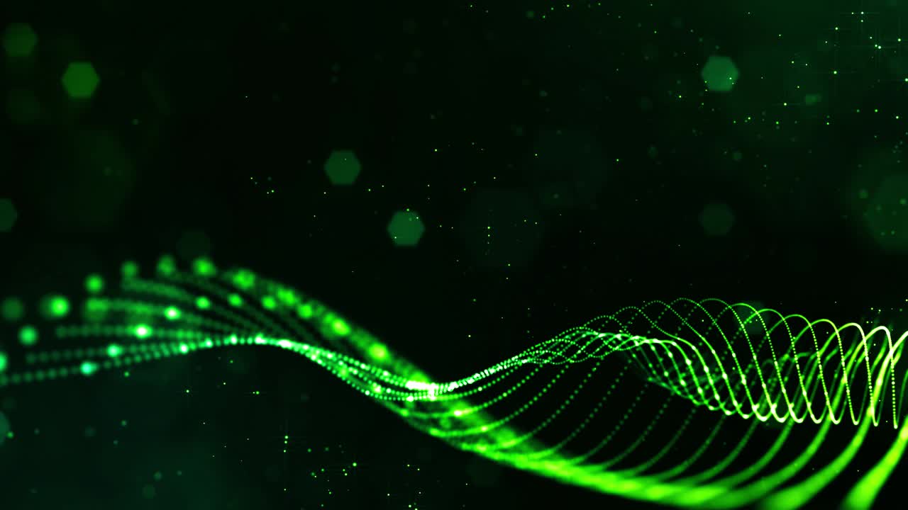 4k looped science fiction particle background with bokeh, light effects. Glow green color particles form lines, surfaces, complex structures. Suitable for sci-fi themes or as vj loop motion design bg