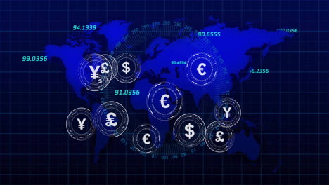 animation of currency symbols with data processing over world map on black background