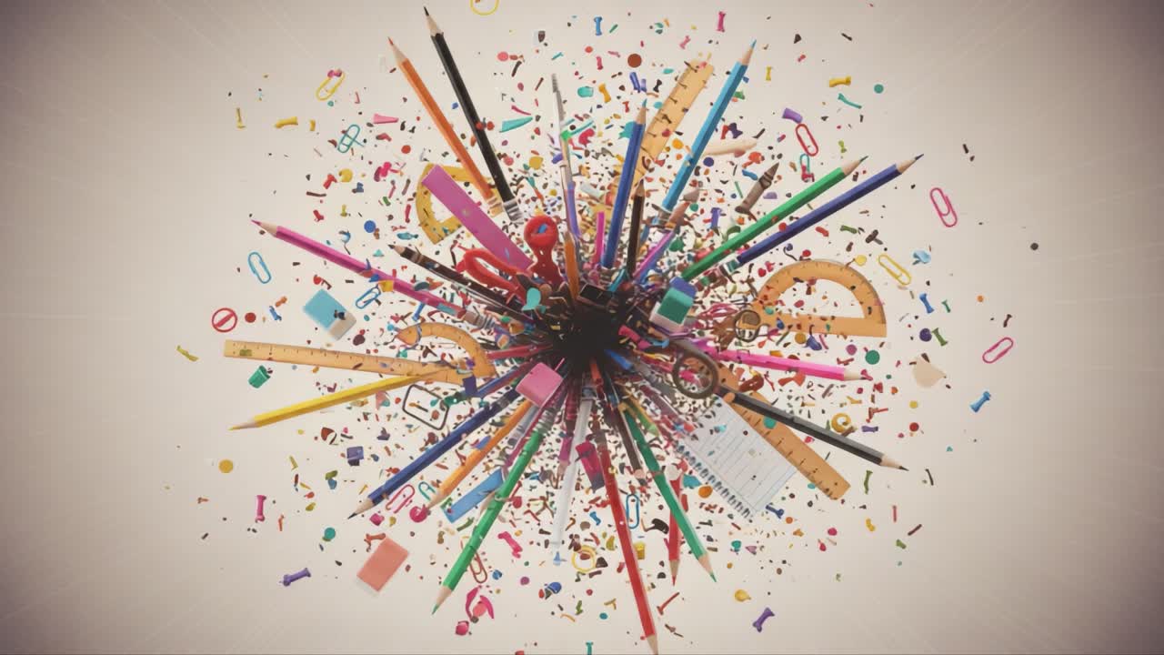 A Dynamic Burst of Office Supplies and Colorful Materials Capturing Creativity in Action with Pencils, Rulers, and Patterns Exploding into Chaos
