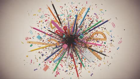 a dynamic burst of office supplies and colorful materials capturing creativity in action with pencils, rulers, and patterns exploding into chaos
