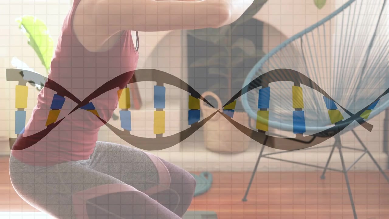 Woman reaching laptop, following guided fitness on gray mat, doing squats, DNA helix overlaying