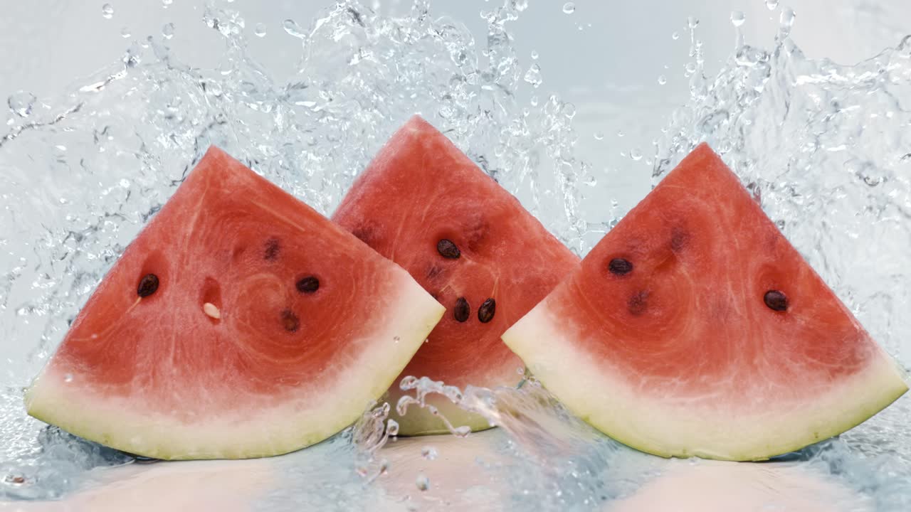 은 수박에 담긴 신선한 물의 스플래시, 슈퍼 슬로 모션 카메라 1000fps로 촬영