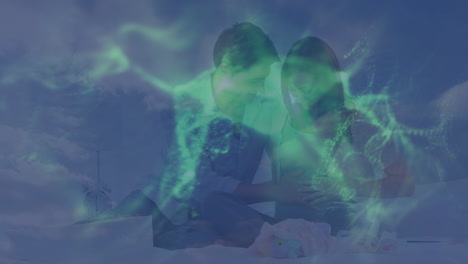animación de ondas verdes sobre una pareja diversa embarazada