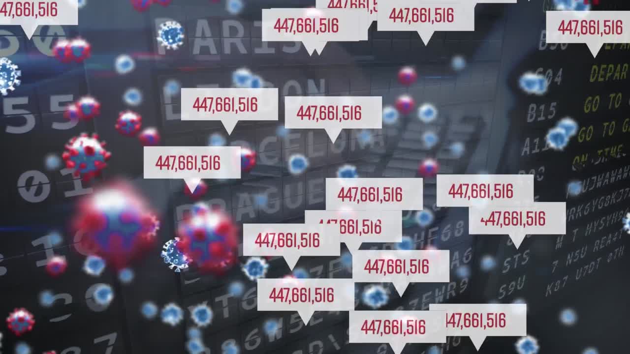 animación de células de covid 19, números sobre el tipo de persona y tablero de vuelo del aeropuerto