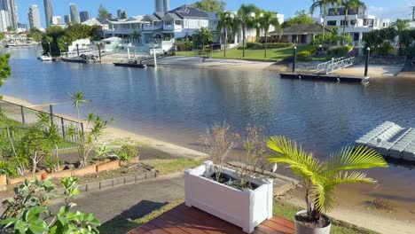 peaceful riverside scene with boats and palm trees