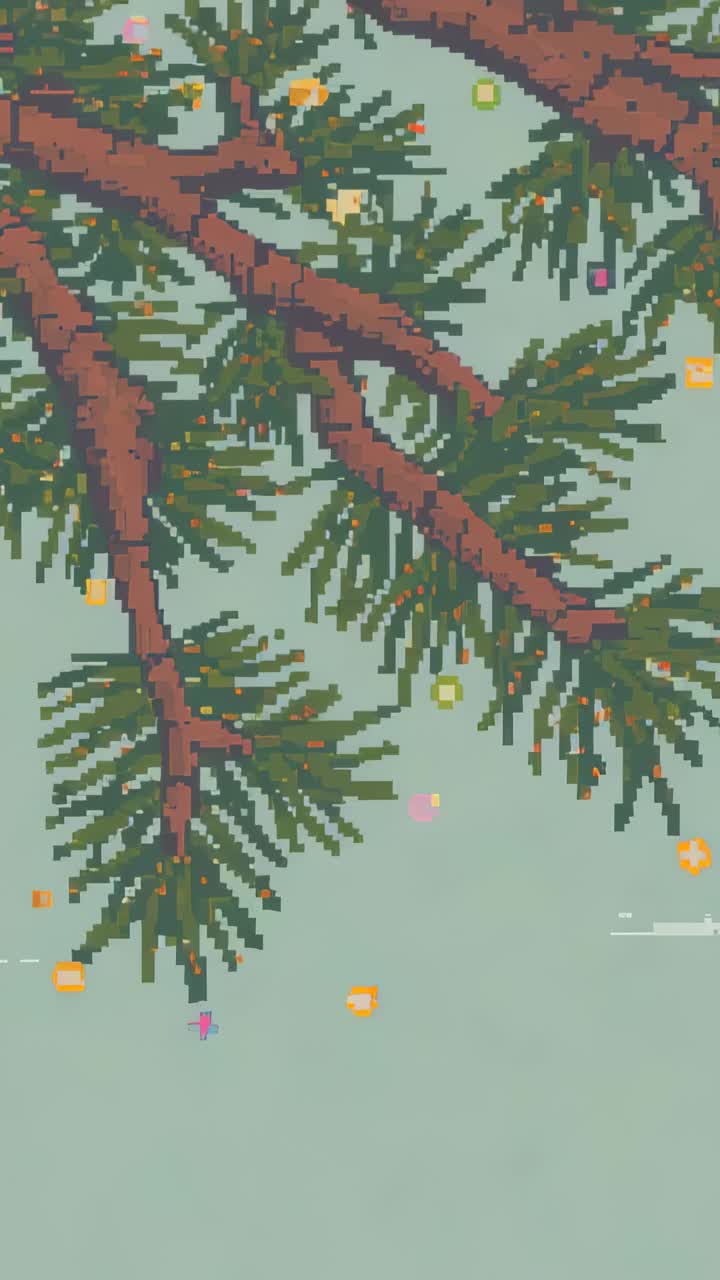 Vertical video: Loop starting causing pixel pine branch shifting in teal sky, particles falling