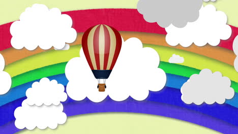 flotando entre las nubes, globo de aire caliente sobre el arco iris en una escena animada
