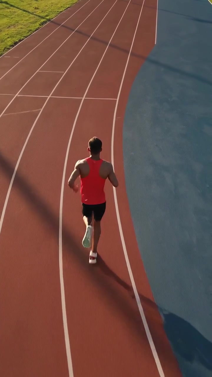 Aerial View of a Man Jogging on a Running Track