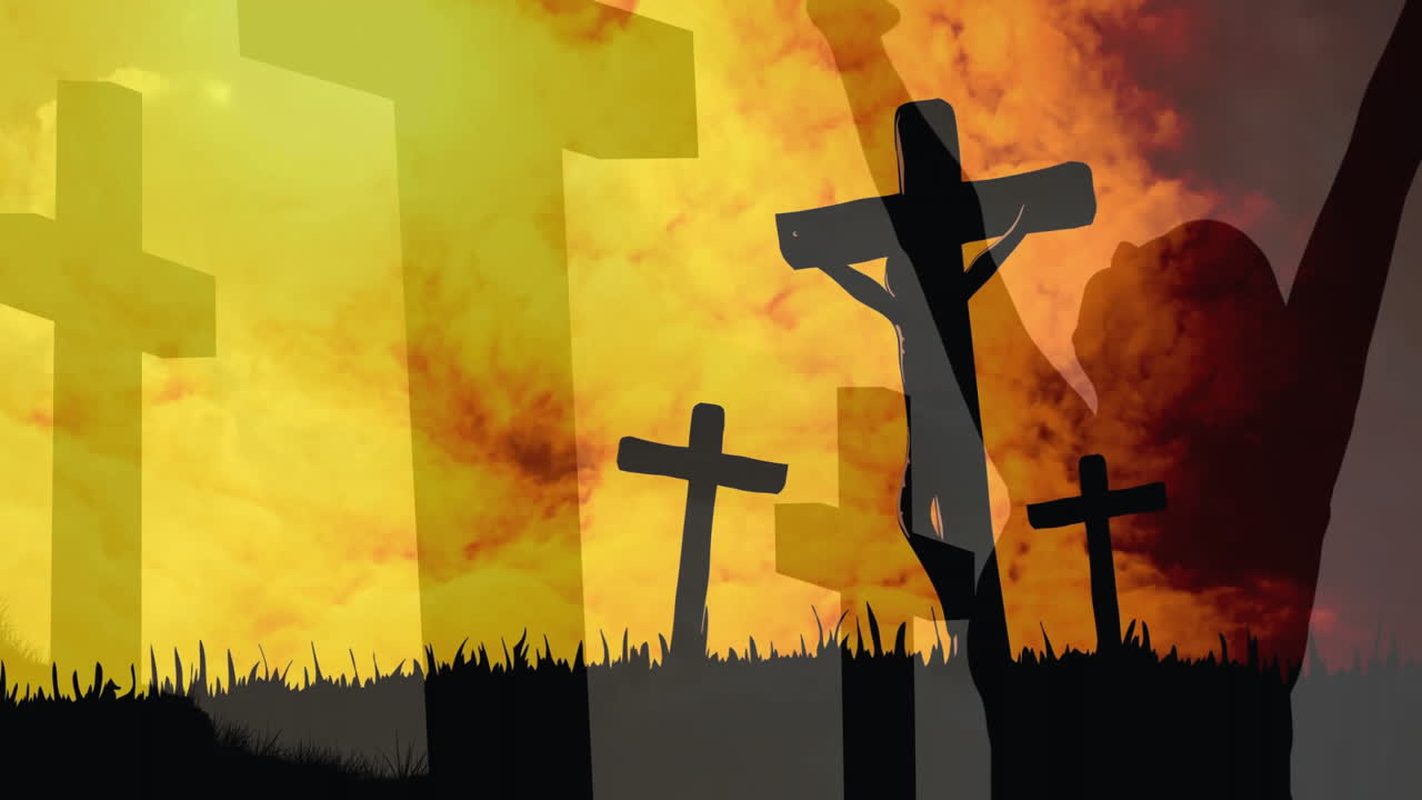 Crucifixion scene with silhouetted crosses against dramatic orange and yellow sky
