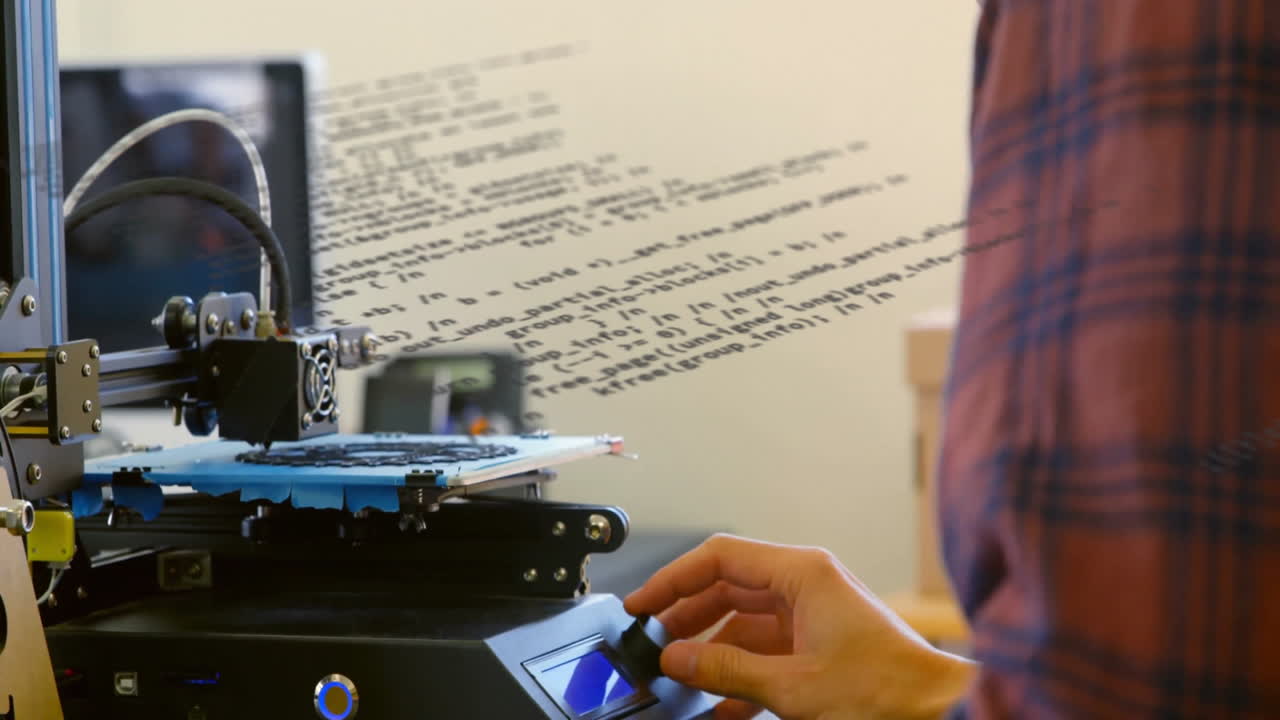 animación de procesamiento de datos sobre mecánico masculino biracial trabajando en el taller