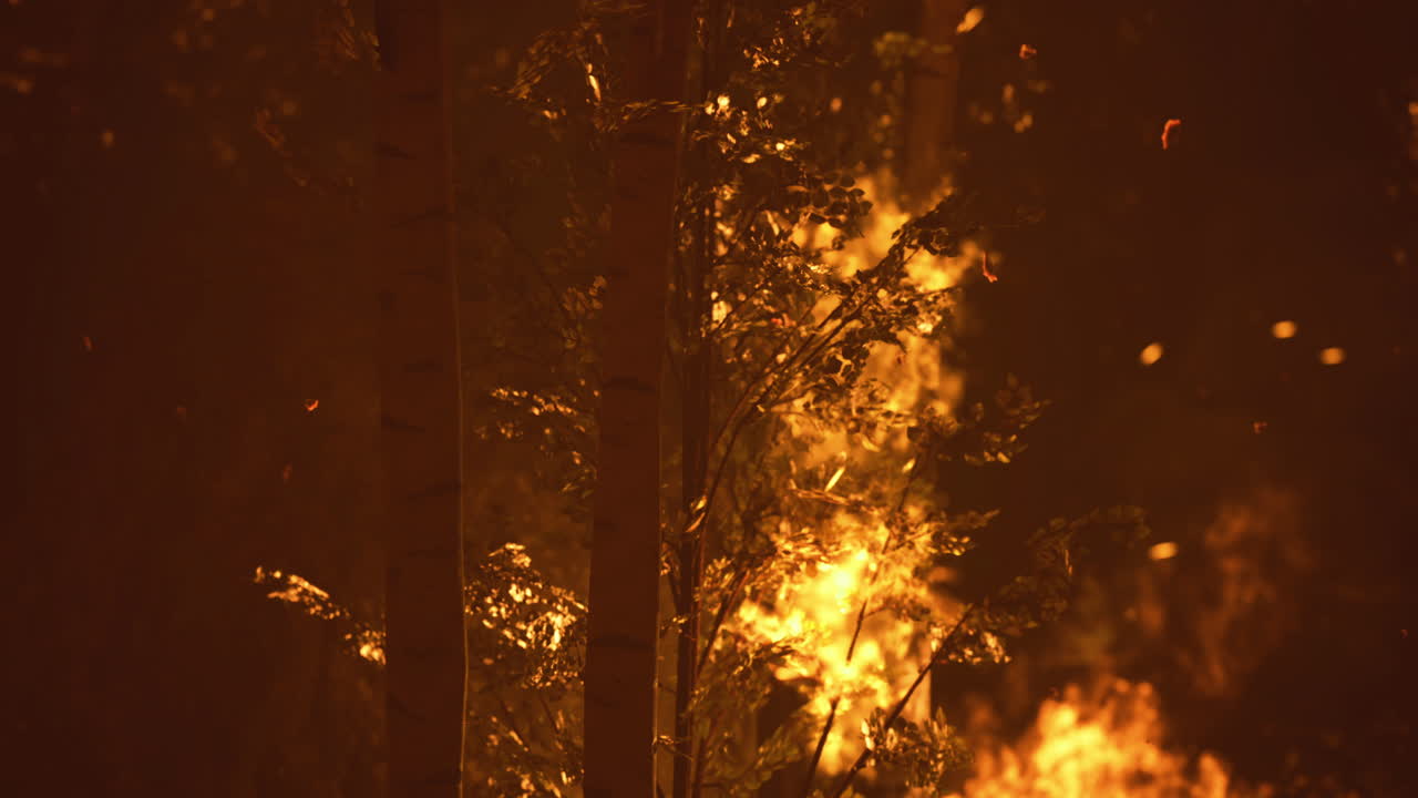 Wildfire engulfs forest at dusk creating a dramatic and dangerous landscape
