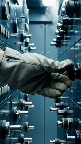 gloved hand operating an industrial control panel