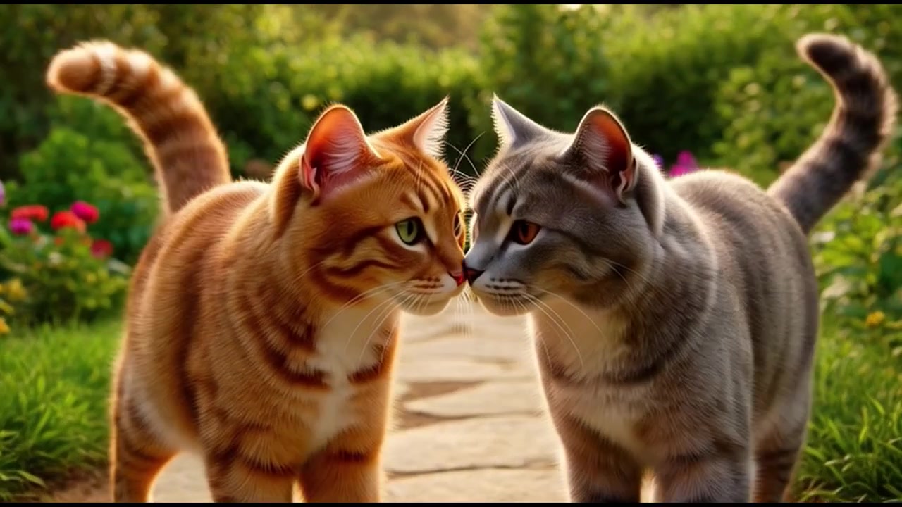 Due gatti che si incontrano e si toccano il naso su un sentiero in giardino.