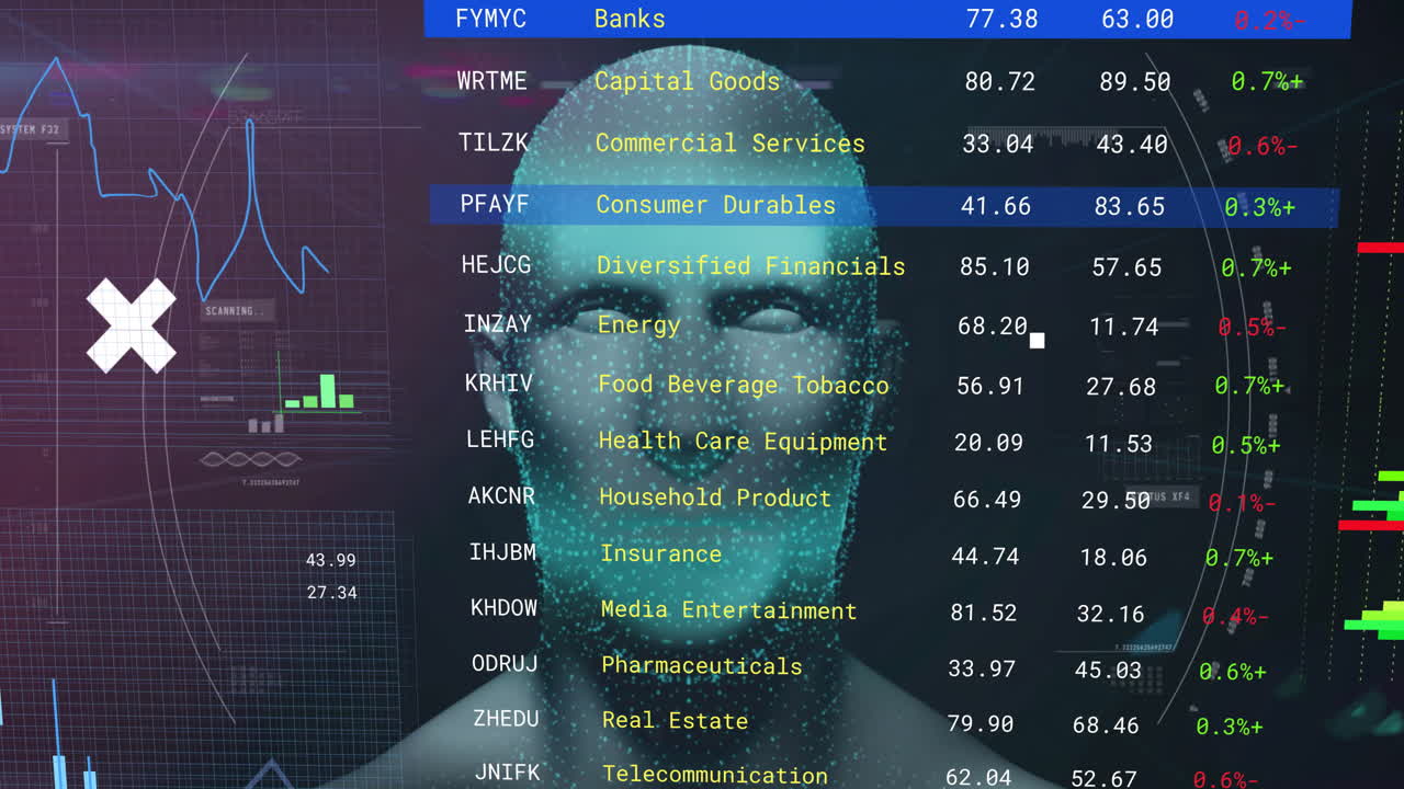Animation of financial data processing over human head