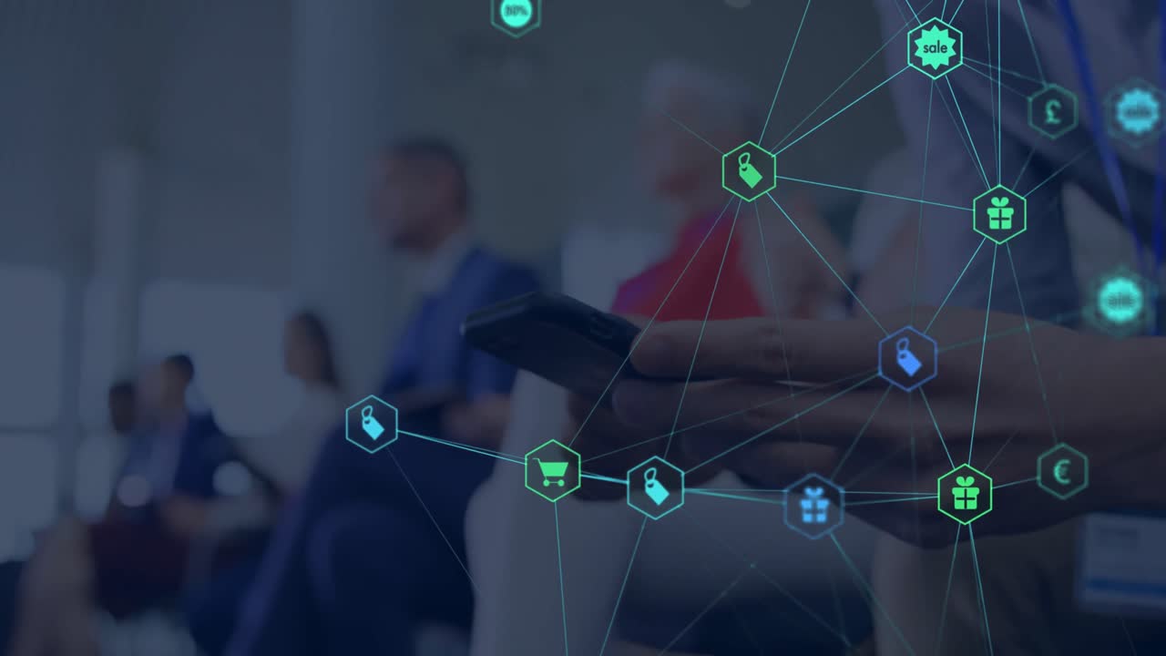 Digital composite video of web of connections with icons moving against person using smartphone