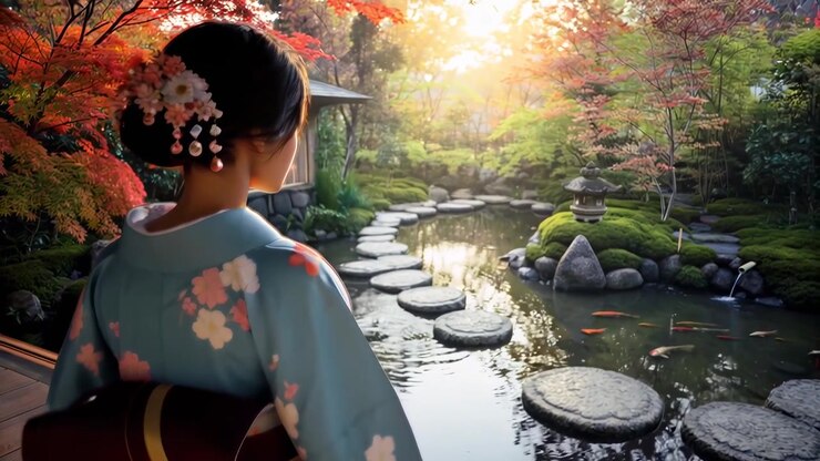 Donna in kimono che si gode un sereno giardino giapponese all'ora d'oro