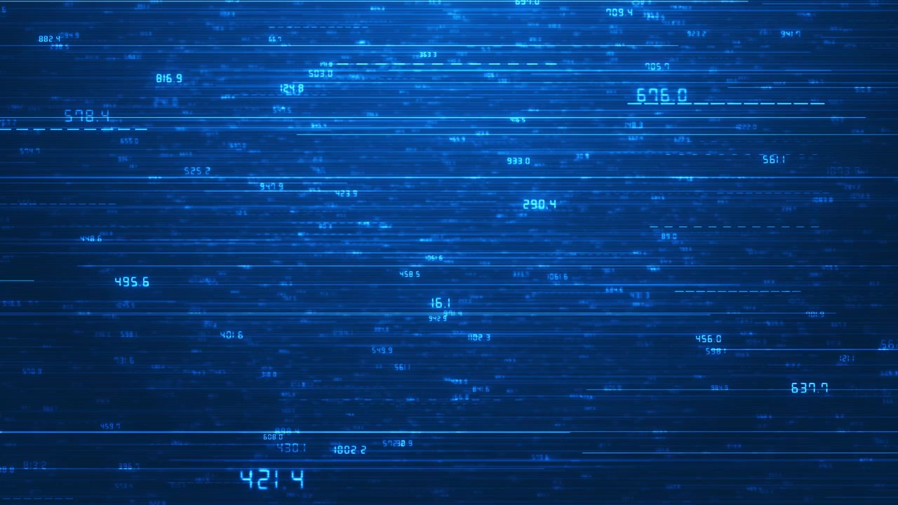 Fast digital statistics motion visual with blue numeric data moving horizontal lines and glowing