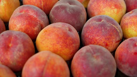 peaches in a black box. many peaches on the market. box full of fresh picked peaches. close-up of colorful fruit. organic food for health. vitamins. depth of field. uhd, 4k