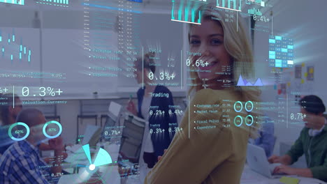 animación de análisis de datos de negocios en un equipo diverso que colabora en una oficina moderna