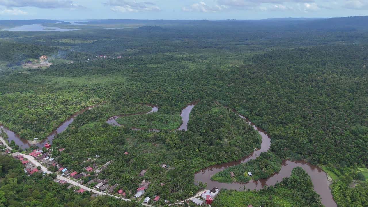 Drone aerial view of trees tropical rainforest jungle west sumatra Mentawai Islands Regency indonesia river