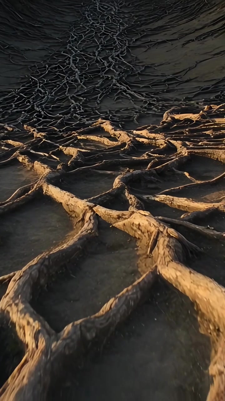 Vertical video: Moving camera ascending over exposed tree roots on sandy slope, showing erosion