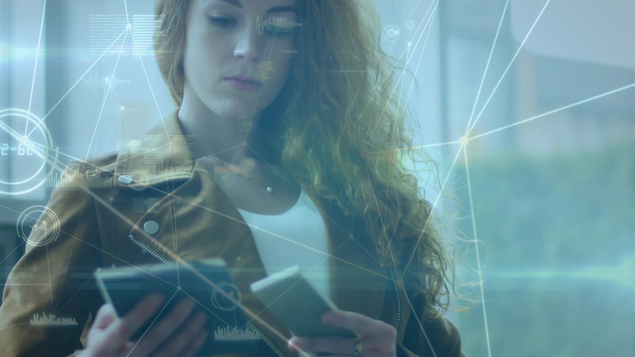 Animation of network of connections over caucasian women using smartphone