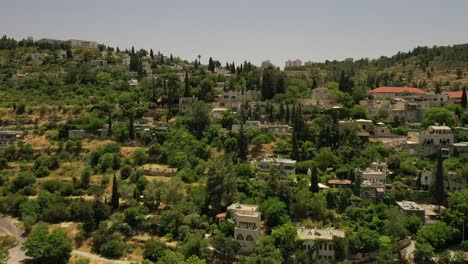 village on a hill covered with forest, red roof tops, white buildings, arab village, fly foreword, aerial shot