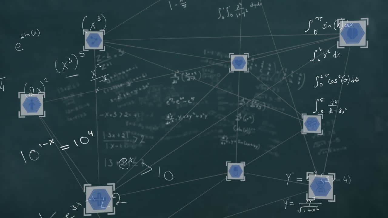 Network of connections against mathematical equations on black board