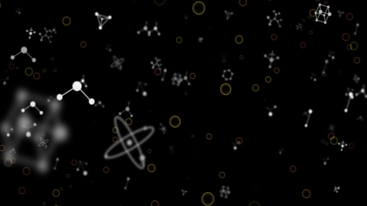 Molecular structures being visualized in dark space, with atomic orbit icons and glowing bubbles