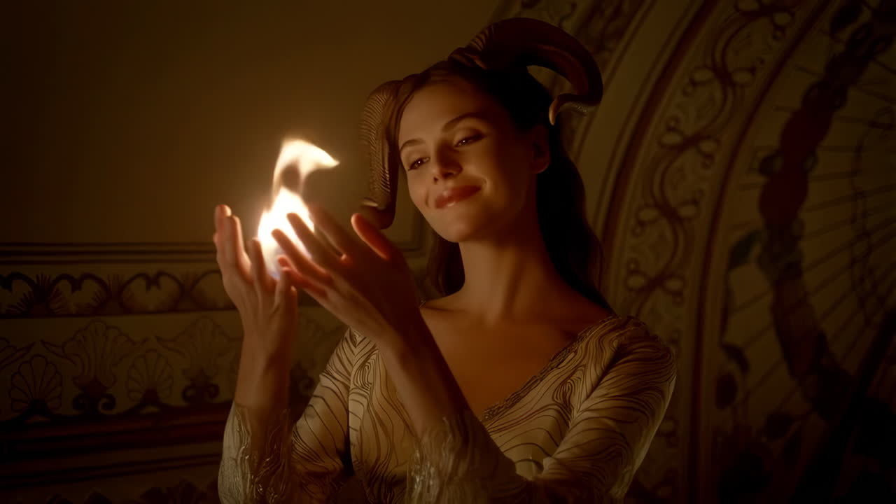 Fantasy woman with horns holding magical light