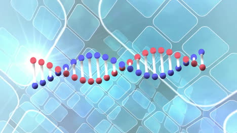 animation of dna strand over blue squares on grey background