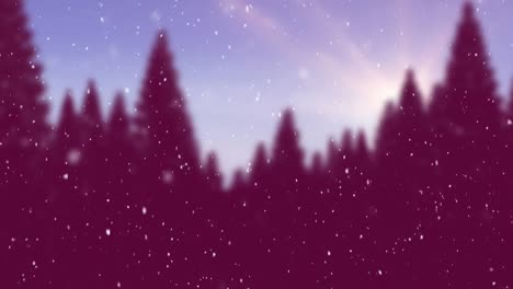 Animation-of-snow-falling-over-fir-trees-in-burgundy