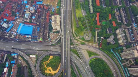 china day time wuhan cityscape traffic road junction aerial top view 4k