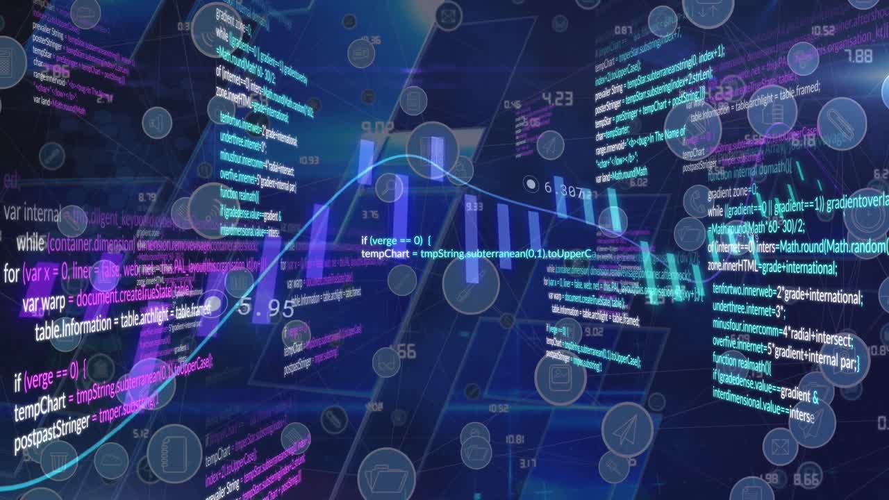 Animation of network of digital icons and data processing over square shapes against blue background